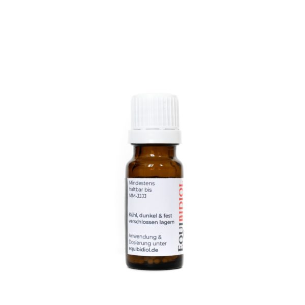 Produktfoto einer 10g Flasche Equibidol CBD Hanf Globuli Seitenansicht links