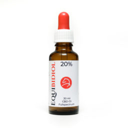 Produktfoto einer 30 ml Flasche Equibidol 20% mit Pipette und rotem Gummi